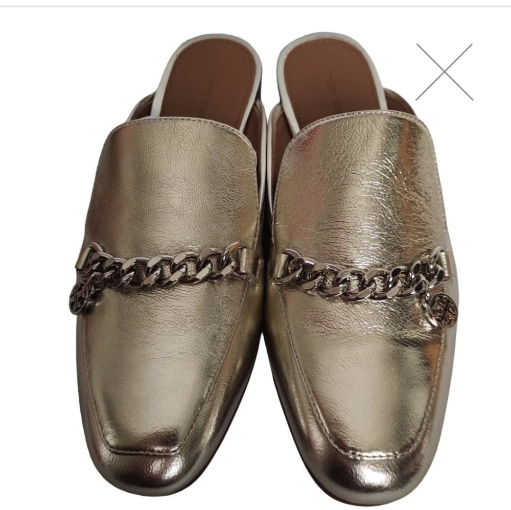 Tory Burch metallic mini Benton mule charm detail